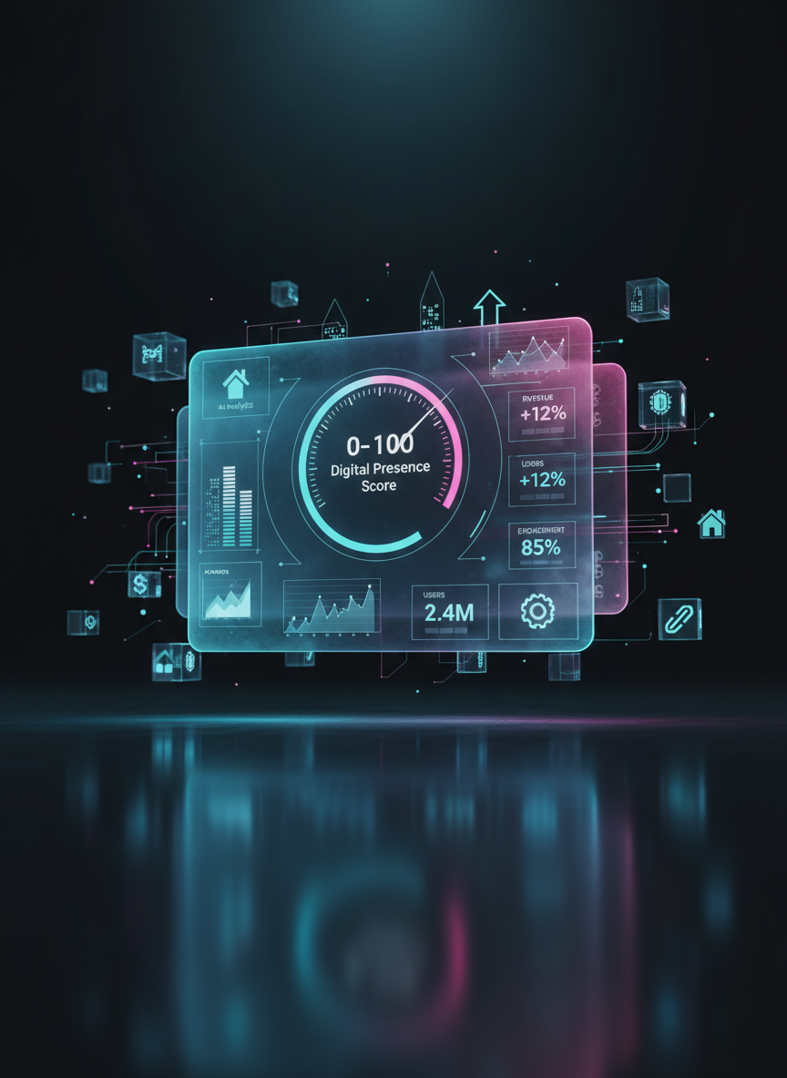 A sleek, abstract digital dashboard floating in a dark, glassy environment, panels made of translucent glassmorphism cards glowing with neon cyan and magenta gradients. Bold numerical metrics, AI graphs, and a prominent “0–100 Digital Presence Score” gauge arc across the main panel. Surrounding it, semi-transparent cubes resembling real estate buildings and business icons hover in soft focus. Subtle particle trails and data streams weave between elements. The scene is lit by cool, directional rim lighting from below, casting soft reflections onto a polished obsidian floor. Shot from a slightly elevated angle with sharp focus on the central gauge, creating a bold, high-tech, digital-art aesthetic that suggests control, clarity, and growth.