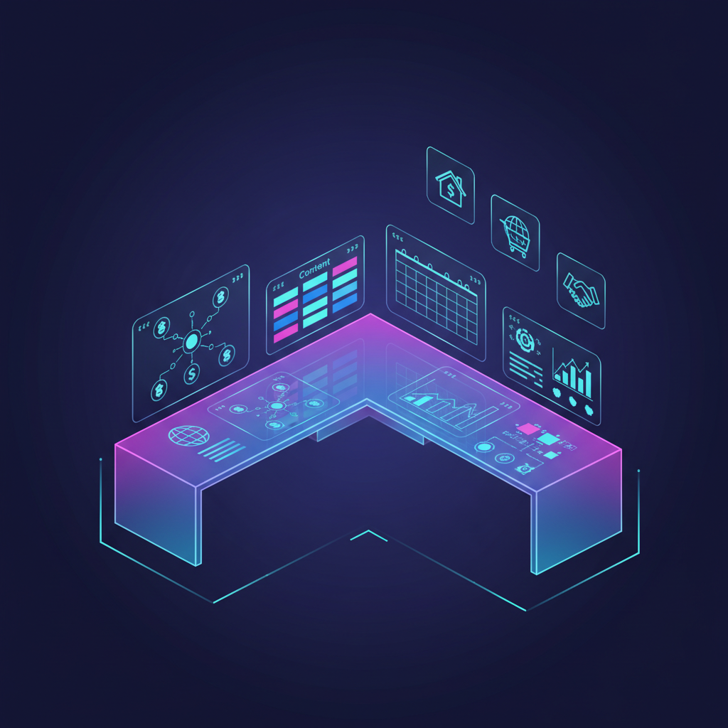 An isometric digital-art workspace featuring a floating, L-shaped glass desk made of translucent, frosted panels with glowing gradient edges. On the desk, multiple ultra-thin holographic displays show AI-powered marketing funnels, lead flow diagrams, content calendars, and performance dashboards. Beside them, stylized icons represent real estate portfolios, online businesses, and brokered deals, each shimmering with subtle reflections. The environment is a dark mode studio with a deep navy backdrop and soft violet ambient light, accented by sharp cyan highlights from the screens. The mood is focused and strategic, captured with a slightly elevated isometric perspective and crisp lines, emphasizing clarity, precision, and high-conversion digital strategy.